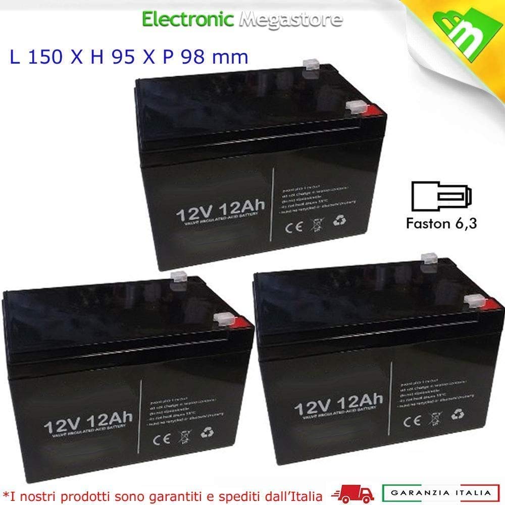 KIT 3X BATTERIA AL PIOMBO CICLICA 12V 12AH RICARICABILE PER BICI ELETTRICHE 36V 12AH