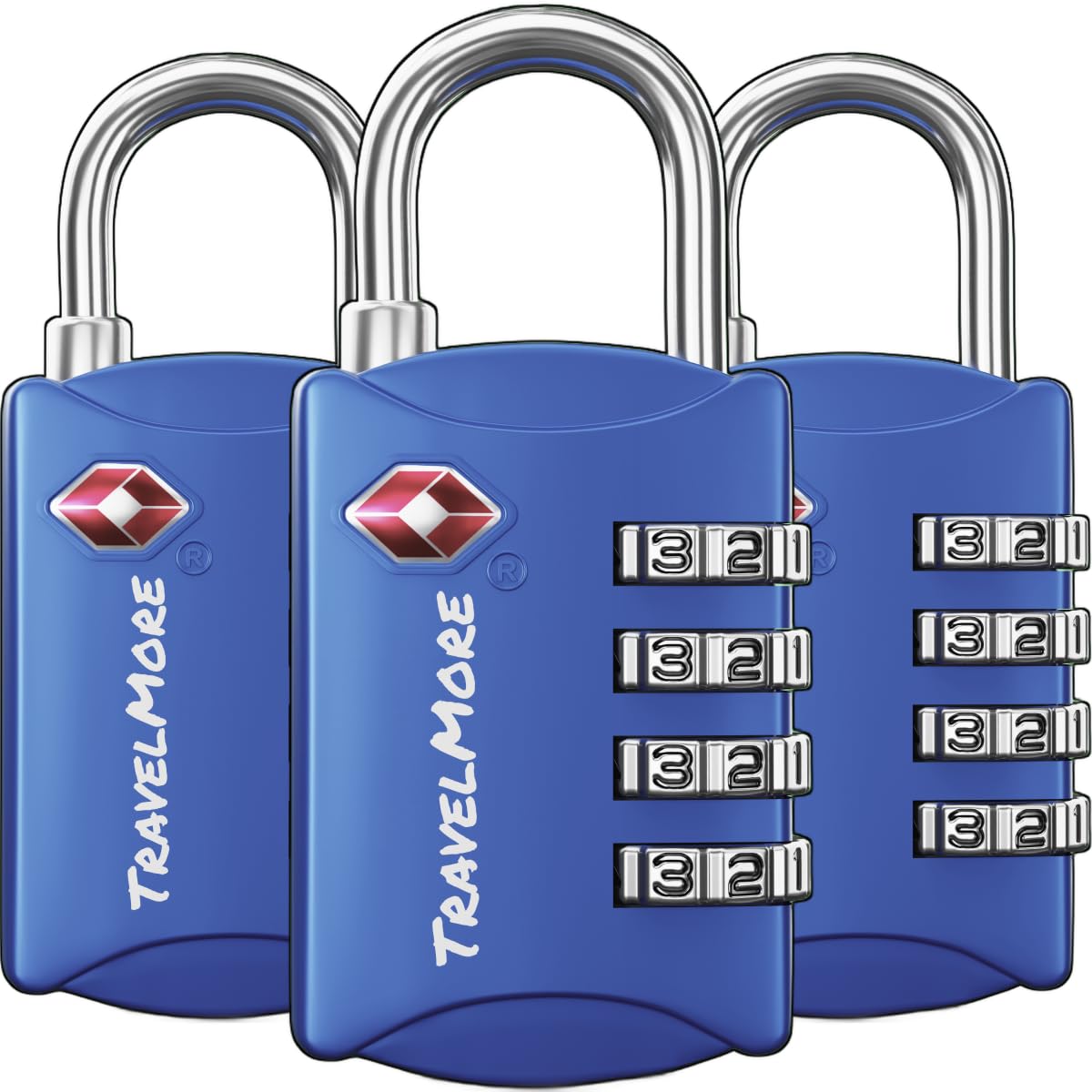 Suitcase Locks | TSA Approved | 4-Digit Travel Padlocks for Luggage | 3-Pack, Blue