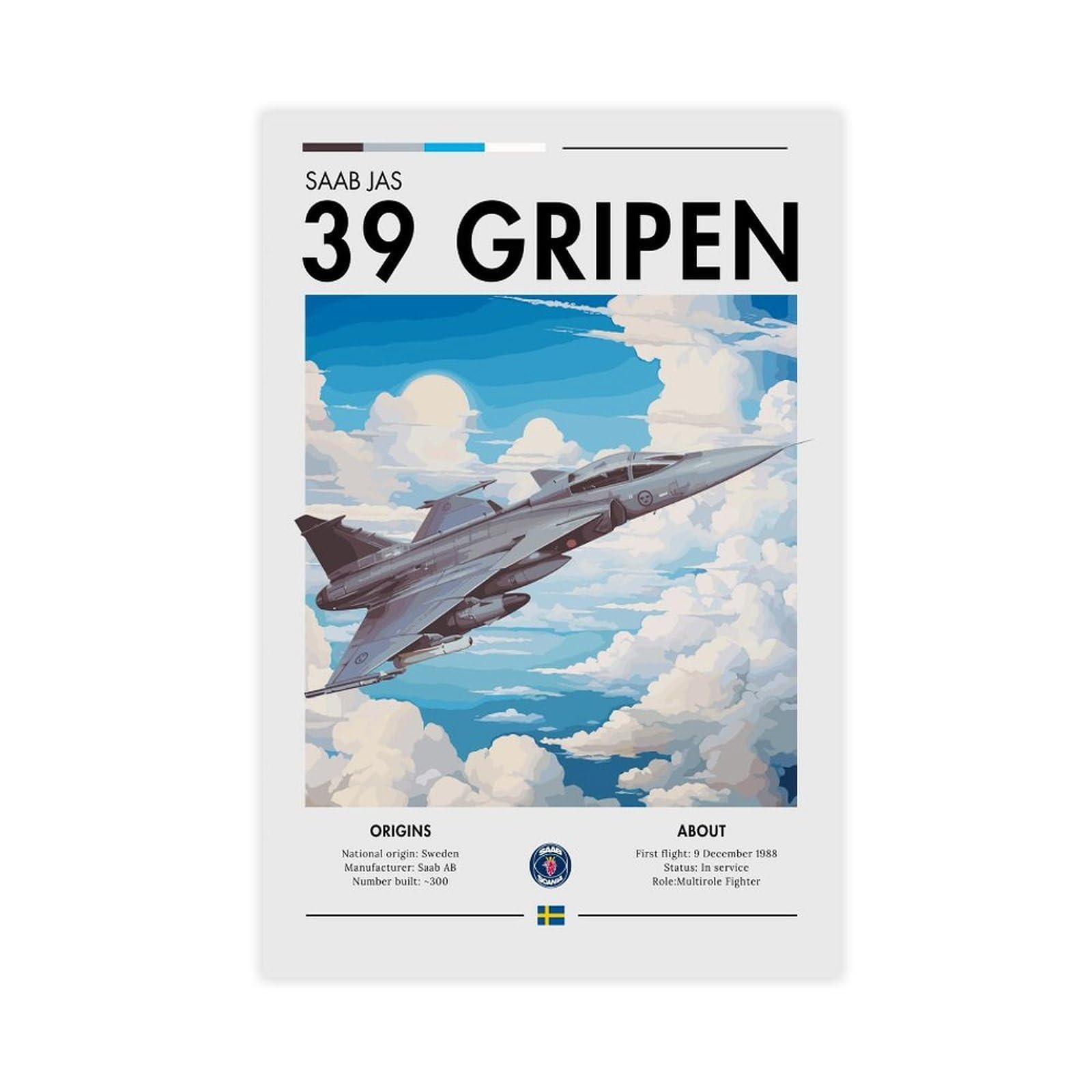 QZFNCOYU Saab JAS 39 Gripen Fighter Jet Canvas Poster Bedroom Decor Landscape Office Room Decor Gift 12x18inch(30x45cm)