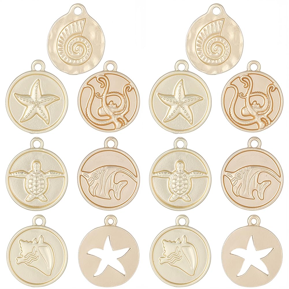 SUNNYCLUE 1 Box 28Pcs 7 Styles Ocean Themed Charms Gold Summer Charms Bulk Metal Alloy Flat Round Sea Beach Turtle Shell Starfish Octopus Fish Pendants for Jewellery Making Necklace Bracelet DIY Craft