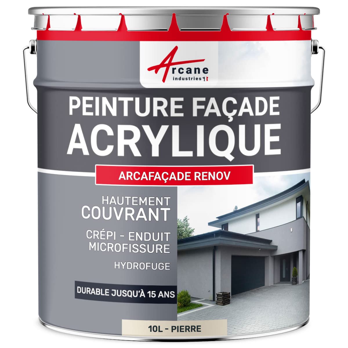 ARCANE INDUSTRIES Peinture Façade Hydrofuge Acrylique - Mur, Crépi, Béton - Imperméable Haute Résistance 15 Ans - 10 L (+ ou - 60 m² en 1 Couche) Pierre - RAL 090 90 10