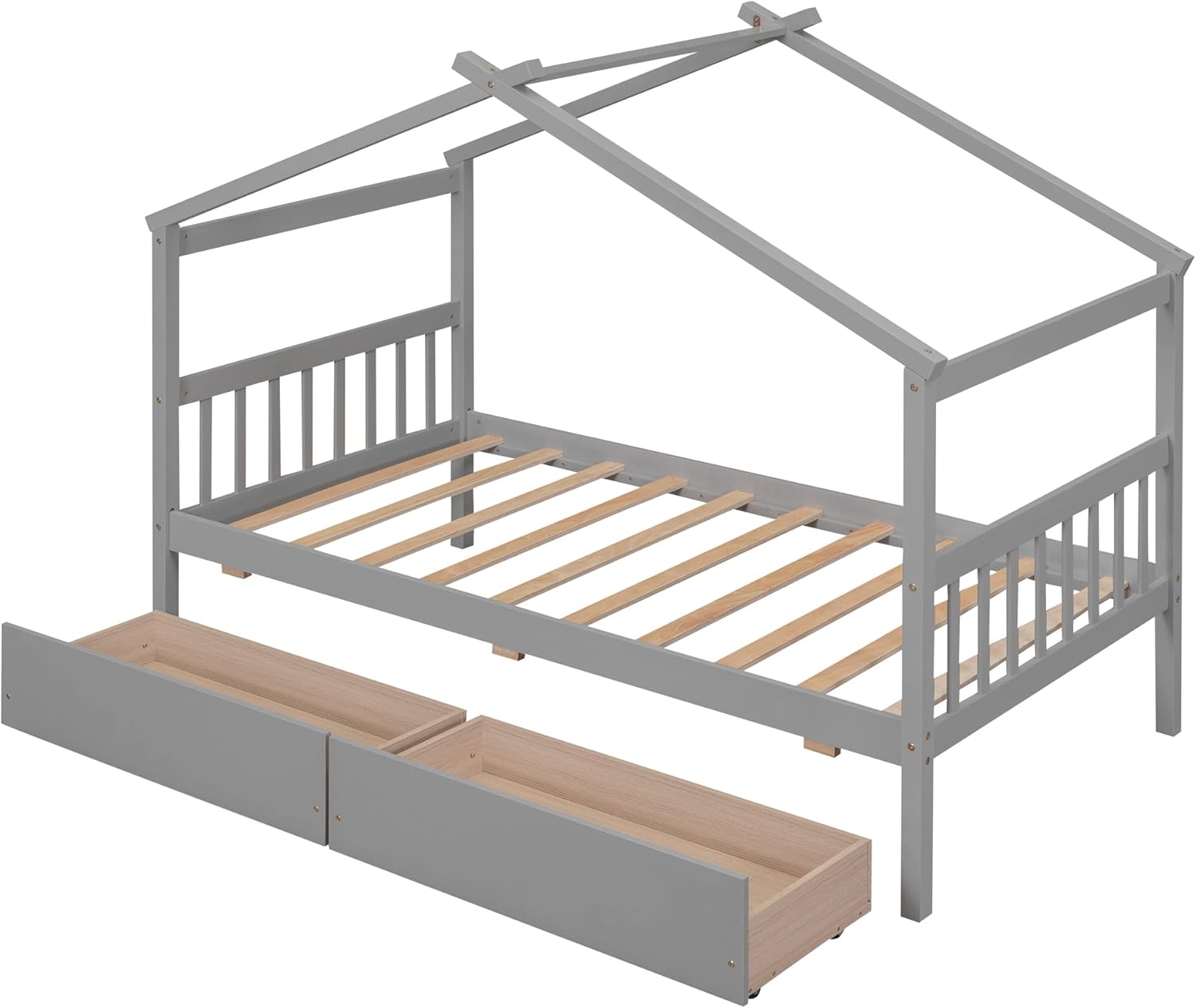Merax Twin Size Wooden House Bed with Two Drawers, Wood Bed Frame with Roof for Kids, Teens, Boys or Girls, Grey