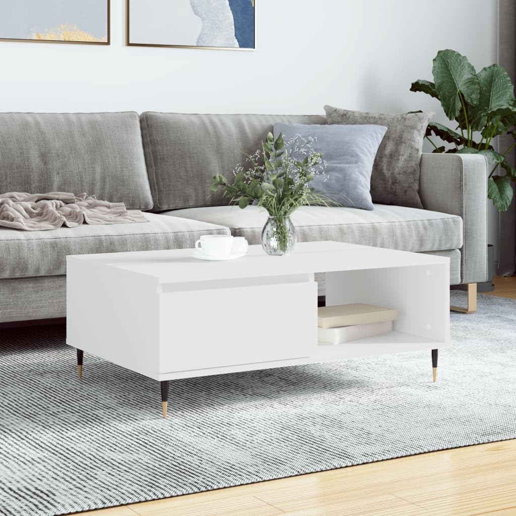 Table basse blanche robuste en bois et fer 90 cm avec étagère basse ouverte