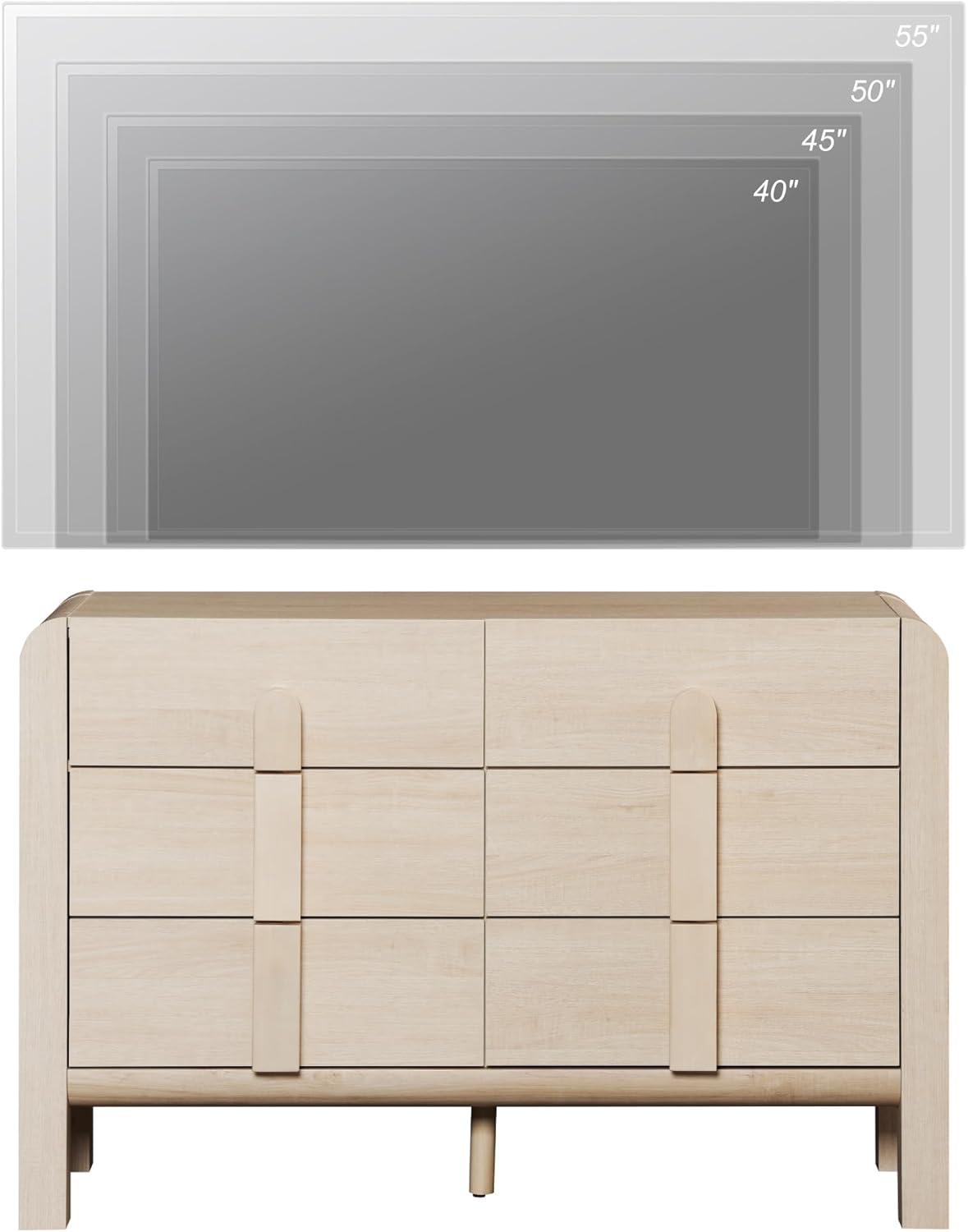 Image illustrating various TV sizes (40, 45, 50, 55 inches) compatible with the dresser TV stand.