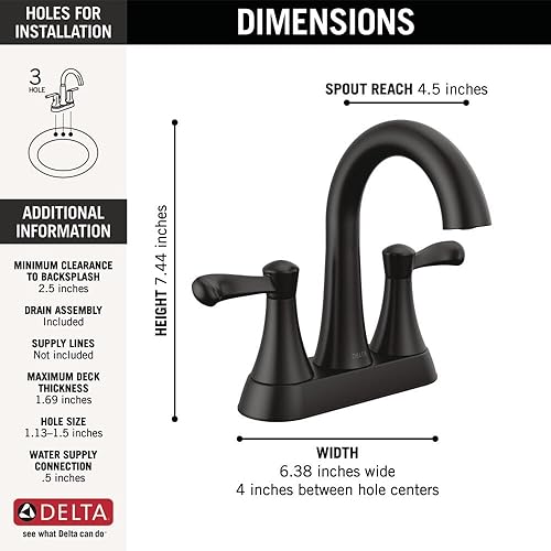 Miniatura 5 de Delta 25897LF Esato 1.2 GPM Grifo de baño central de dos manijas con montaje de drenaje emergente de empuje - negro mate