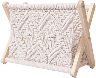 Revistero de macramé hecho a mano, estilo rústico, cesta de almacenamiento de pie para libros y periódicos, decoración del hogar, color blanco, 32 x 27 x 20 cm.