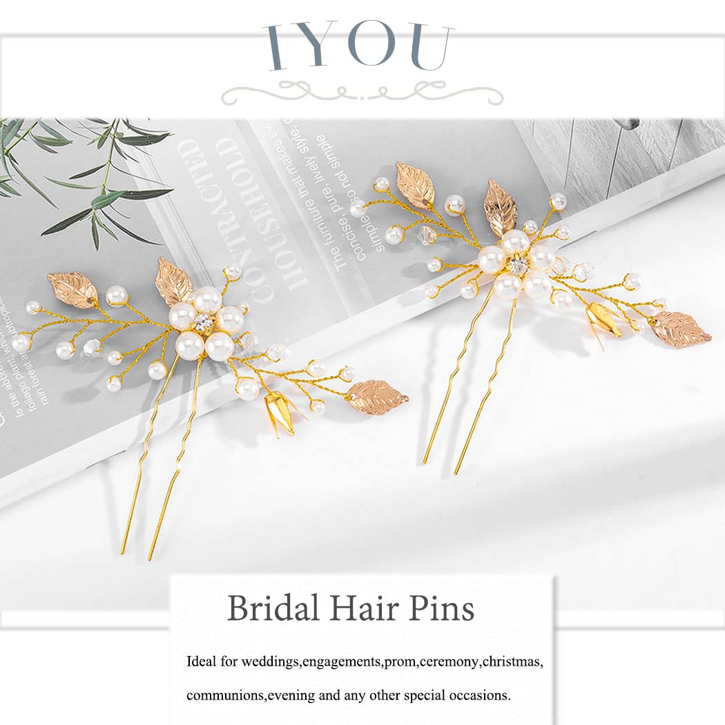 IYOU Pearl Wedding Hair Pins Flower Gold Headpiece Leaf Bridal Bridesmaids for Women Girl Communion Prom(Pack of 2) - Image 2