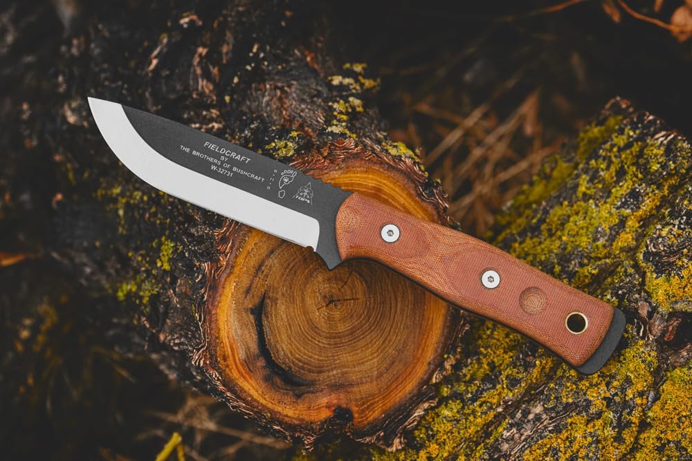 Tops Knives Fieldcraft 3.5 Full Tang Fixed Blade- Black Traction Coating Blade Finish- Black Kydex Sheath w/Rotating Spring Steel Clip (Tan Canvas Micarta Handle)