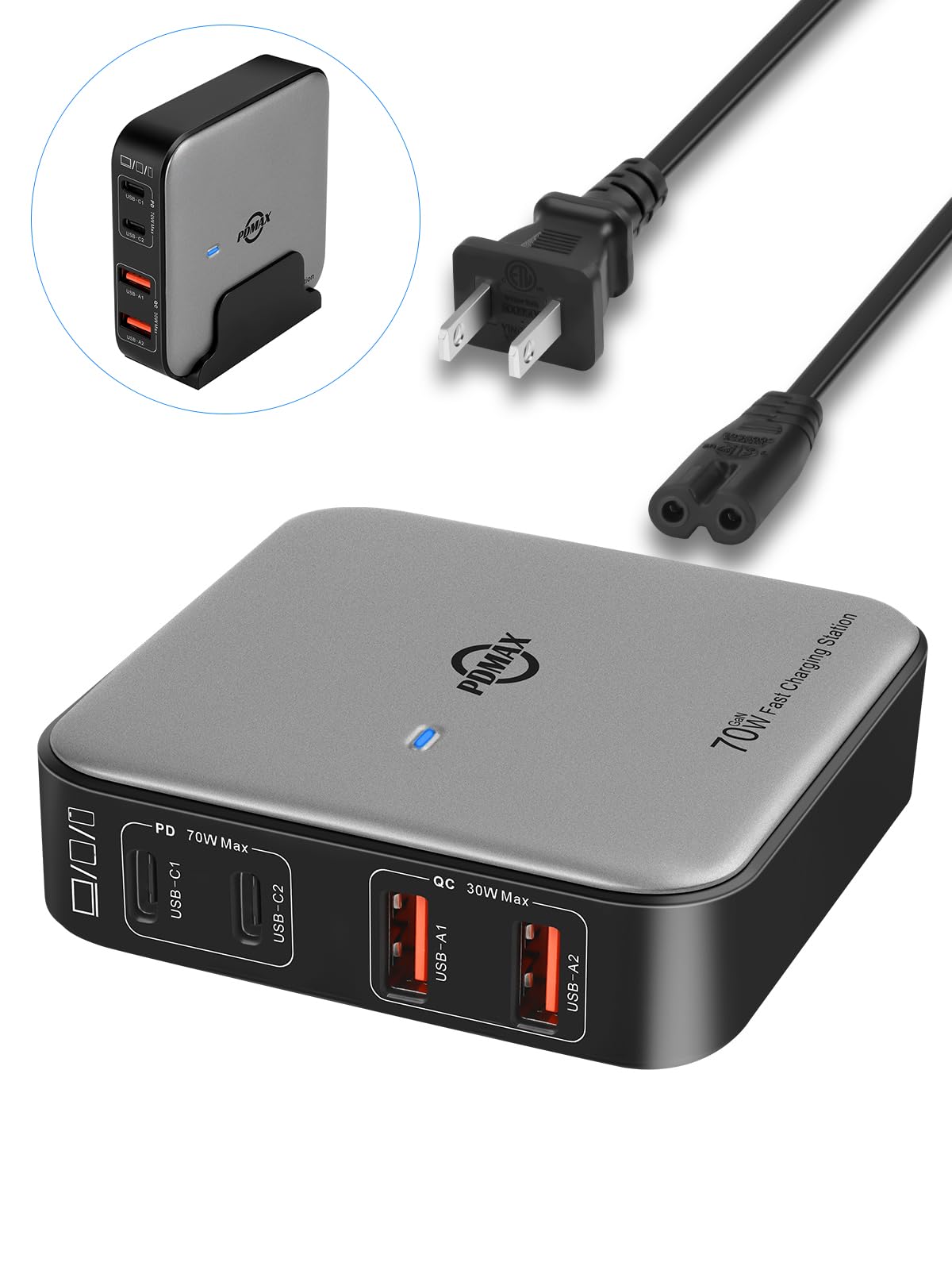 PDMAX 4 Port USB C Charger - 100W USB Charging Hub, GaN Multiport Charging Station, USB-C Fast Power Adapter, Charger Block Compatible with MacBook Pro/Air, iPhone 16/15/14/13, Pixel 9/8/7, S24/23/22