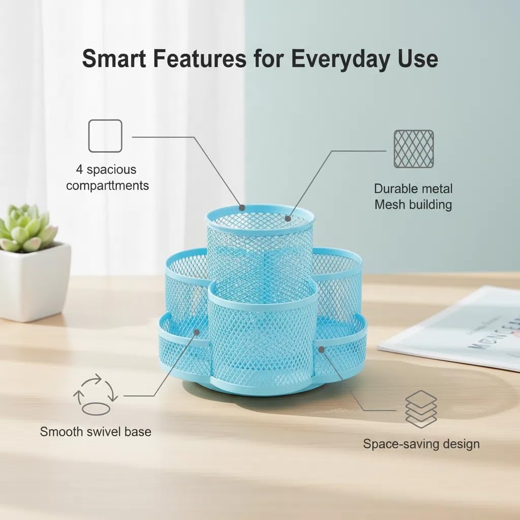 Grid Desktop Storage Box, 7-Compartment Individual Storage Boxes, Rotatable, Metal Material, 6.89 inches wide, 3.94 inches high (Blue) image 3