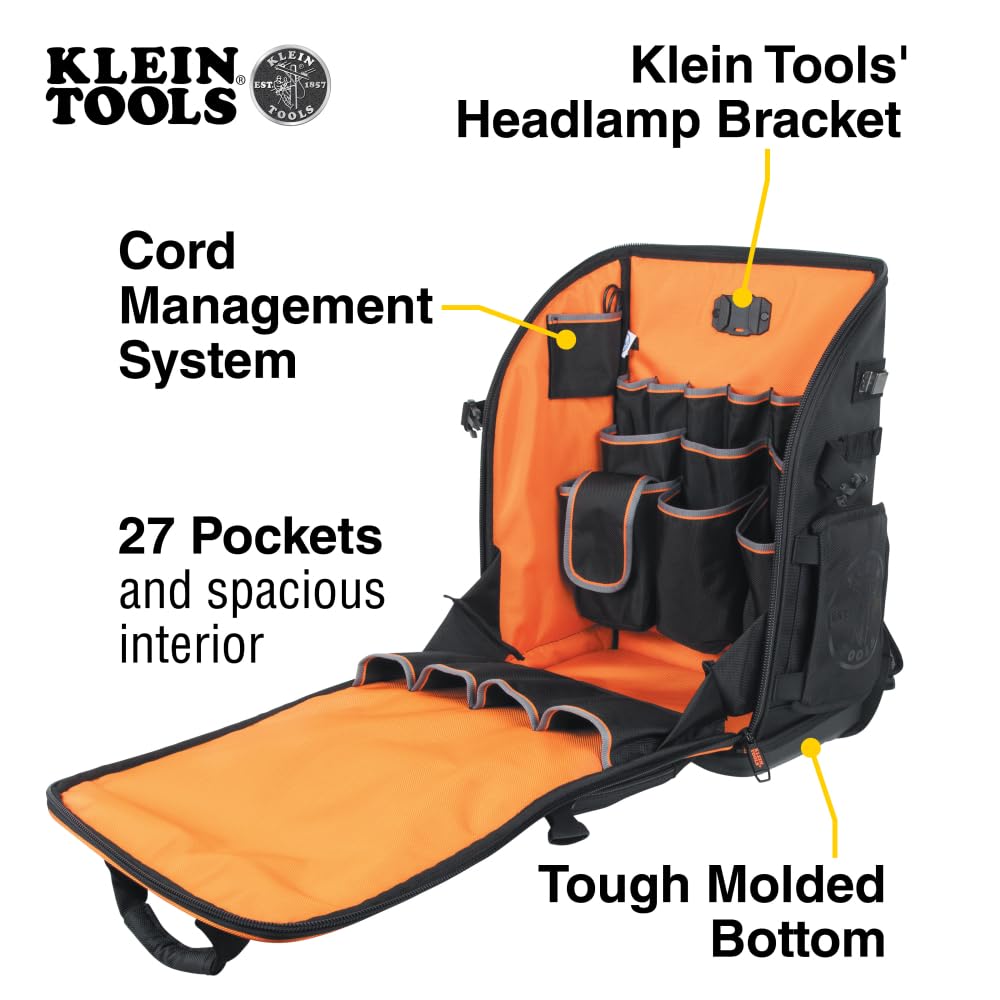 Klein Tools 62482 Sac à dos à outils, organiseur robuste avec 27 poches, grand intérieur, fond moulé, sac à outils d'électricien