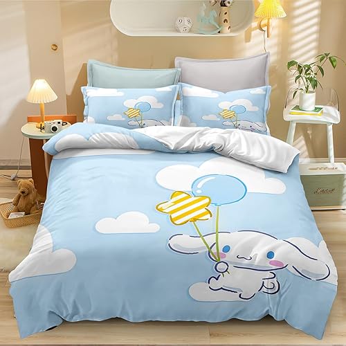 BatTtx Juego de ropa de cama de 3 piezas de dibujos animados CIN-namoroll Anime juego de funda de edredón lindo juego de ropa de cama súper suave