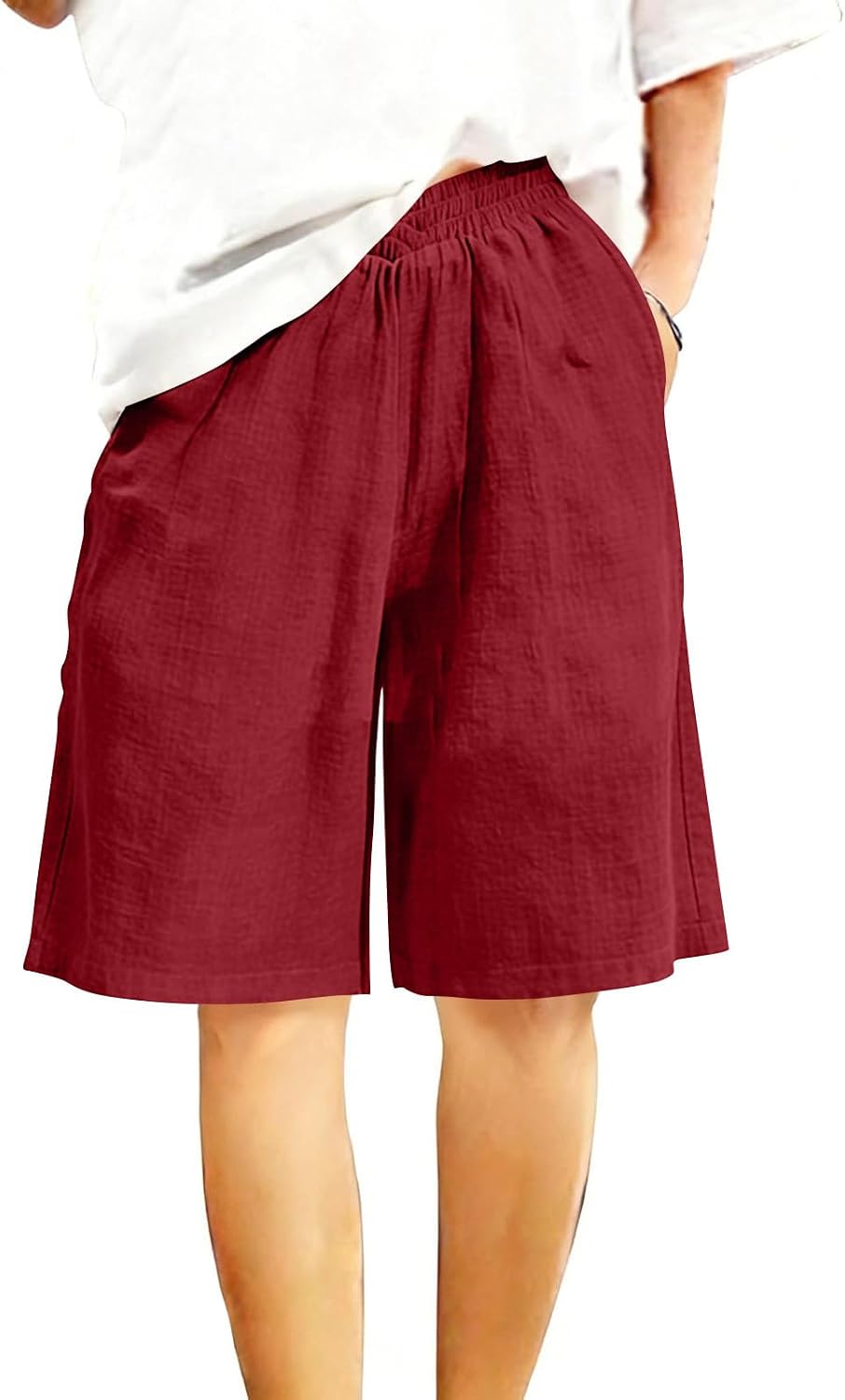 Women's Cotton Linen Bermuda Shorts Dressy Wide Leg Summer Shorts Sweat High Waisted Baggy Knee Length Short Pant