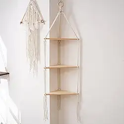 Prateleira suspensa com madeira natural, prateleira de corda de 3 camadas | Decoração de parede Boho feita à mão para exibição flutuante, ideal para plantas, fotos e armazenamento no banheiro