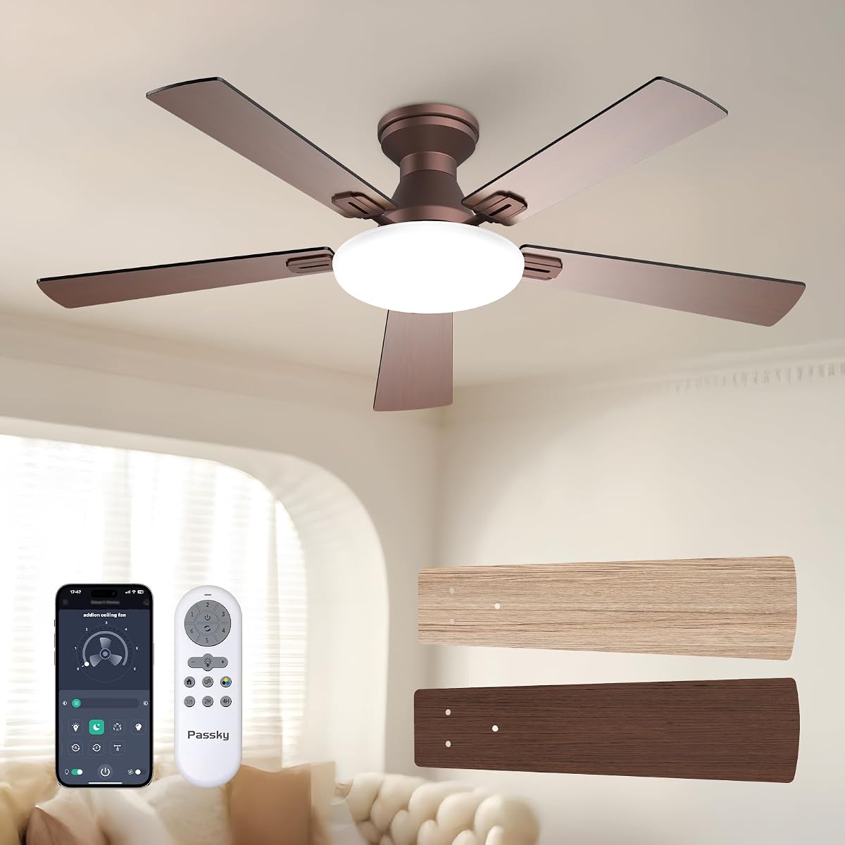 Passky Ventiladores de techo de perfil bajo marrón de 52 pulgadas con luces y control remoto | Montaje empotrado, luz regulable de 3 colores, motor CC reversible silencioso, fácil instalación, memoria, aplicación, dormitorio, áreas exteriores cubiertas