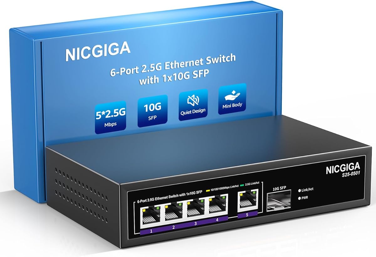 NICGIGA 5 Port 2.5G Ethernet Switch with 10G SFP Uplink, Unmanaged 2.5Gb Network Switch, Plug & Play, Desktop/Wall-Mount, Fanless Metal Design.