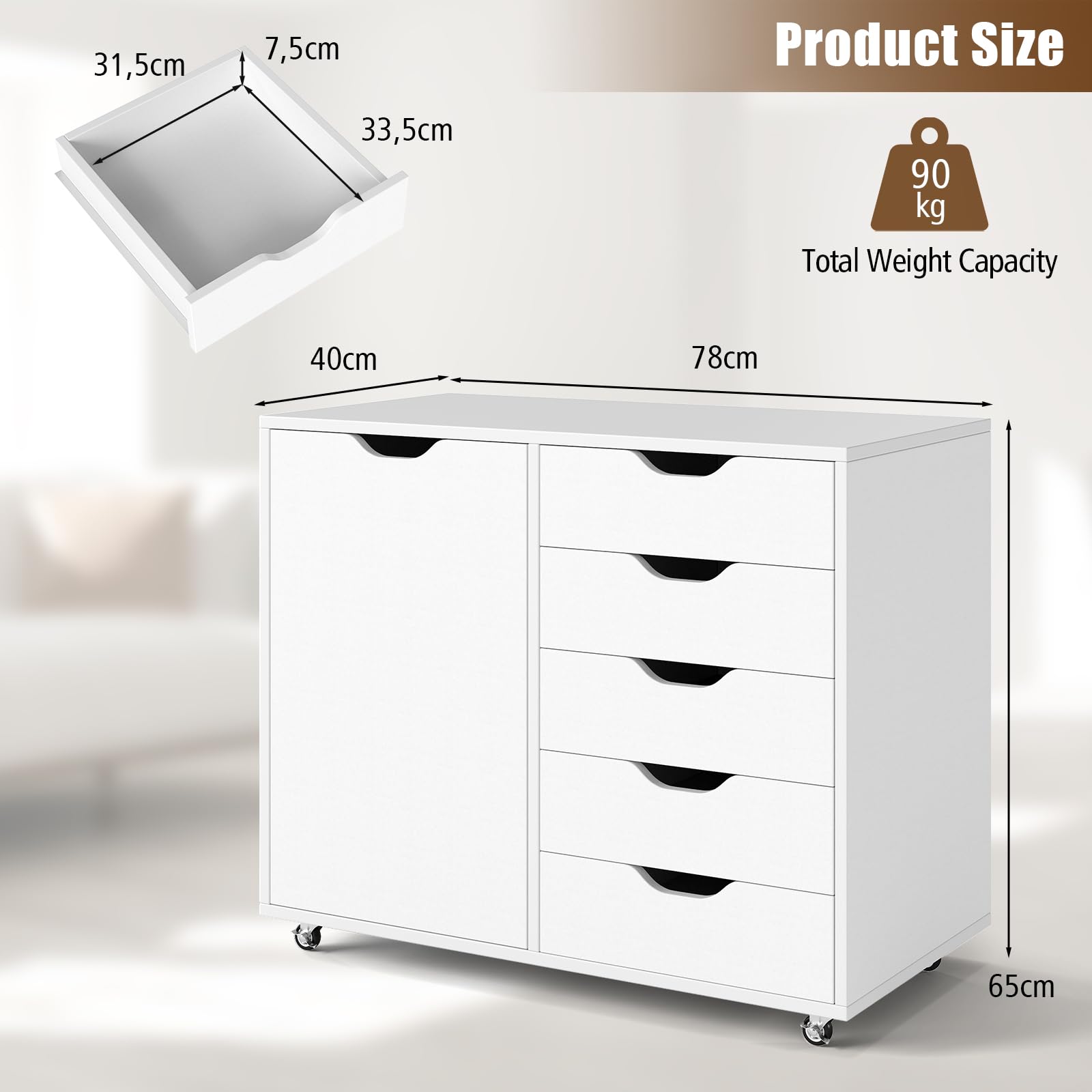 GIANTEX Armario de Almacenamiento de 5 Cajones, Soporte para Documentos con 5 Ruedas y 1 Puerta, Estante Ajustable en 3 Posiciones para Salón, Cocina, Oficina, 78 x 40 x 65 cm (Blanco)