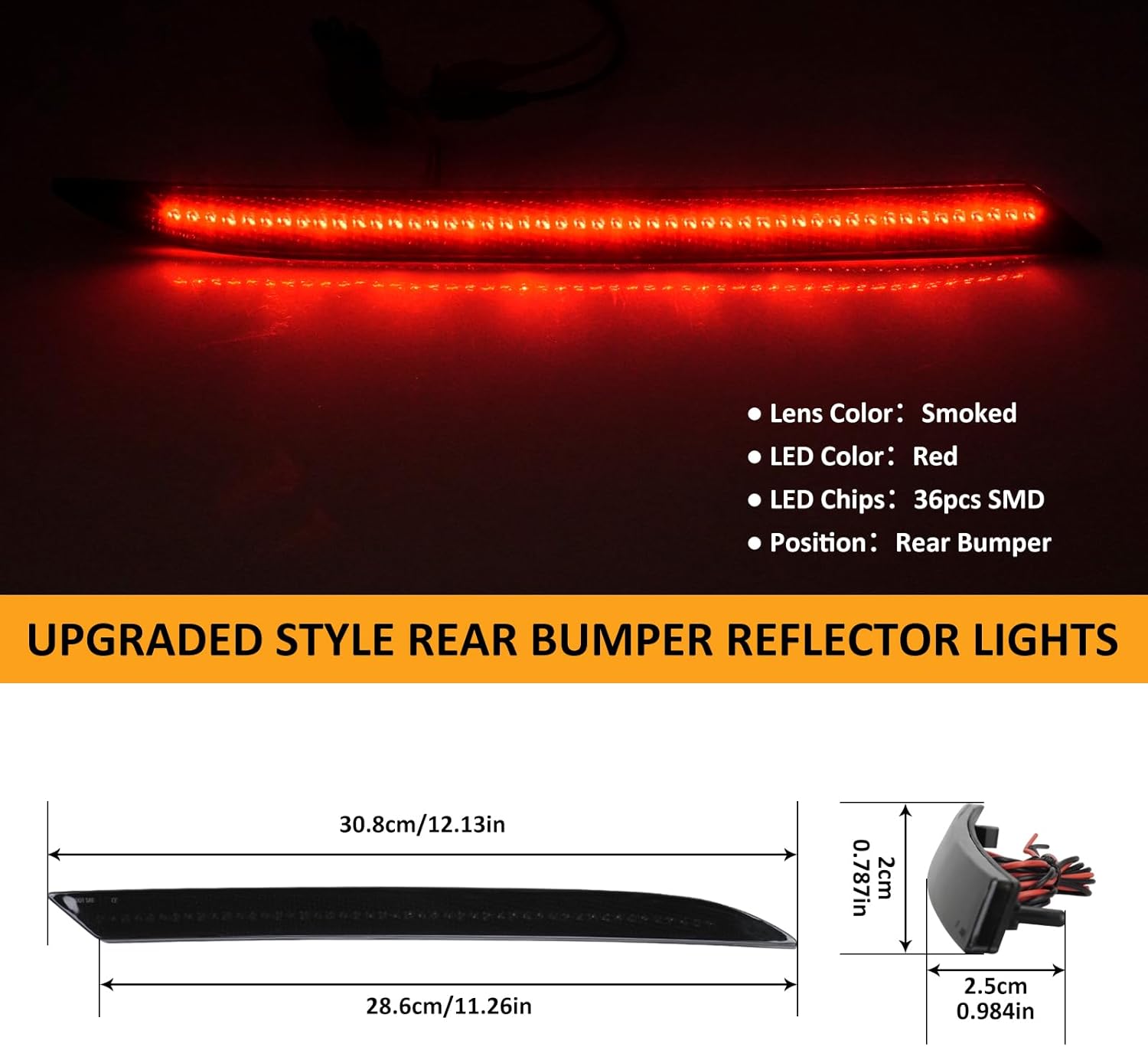 D-Lumina Rear Bumper Reflector Light for Fo-rd Mustang 2018-2025, Red LED Brake Tail Lights Smoked Lens, Pack of 2
