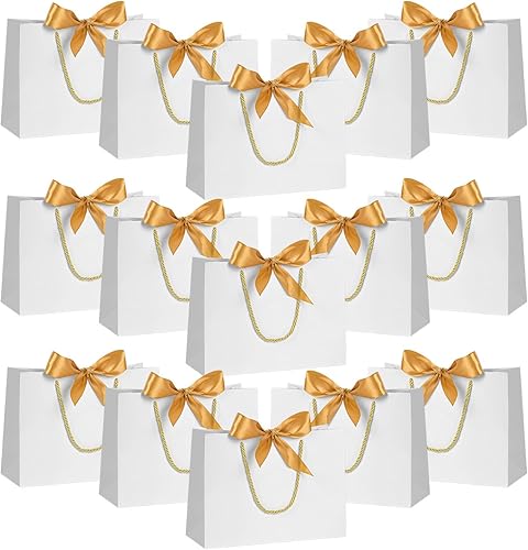 Paquete de 12 bolsas de regalo blancas, pequeñas bolsas de regalo con asas, bolsa de papel para fiesta a granel con lazo para regalo para dama de