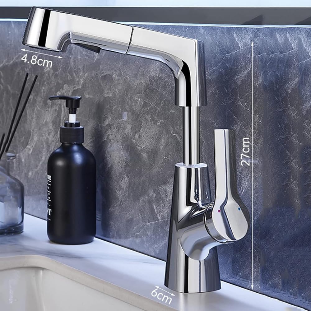 Robinet de lavabo relevable gris chrome avec douchette extractible pour salle de bains