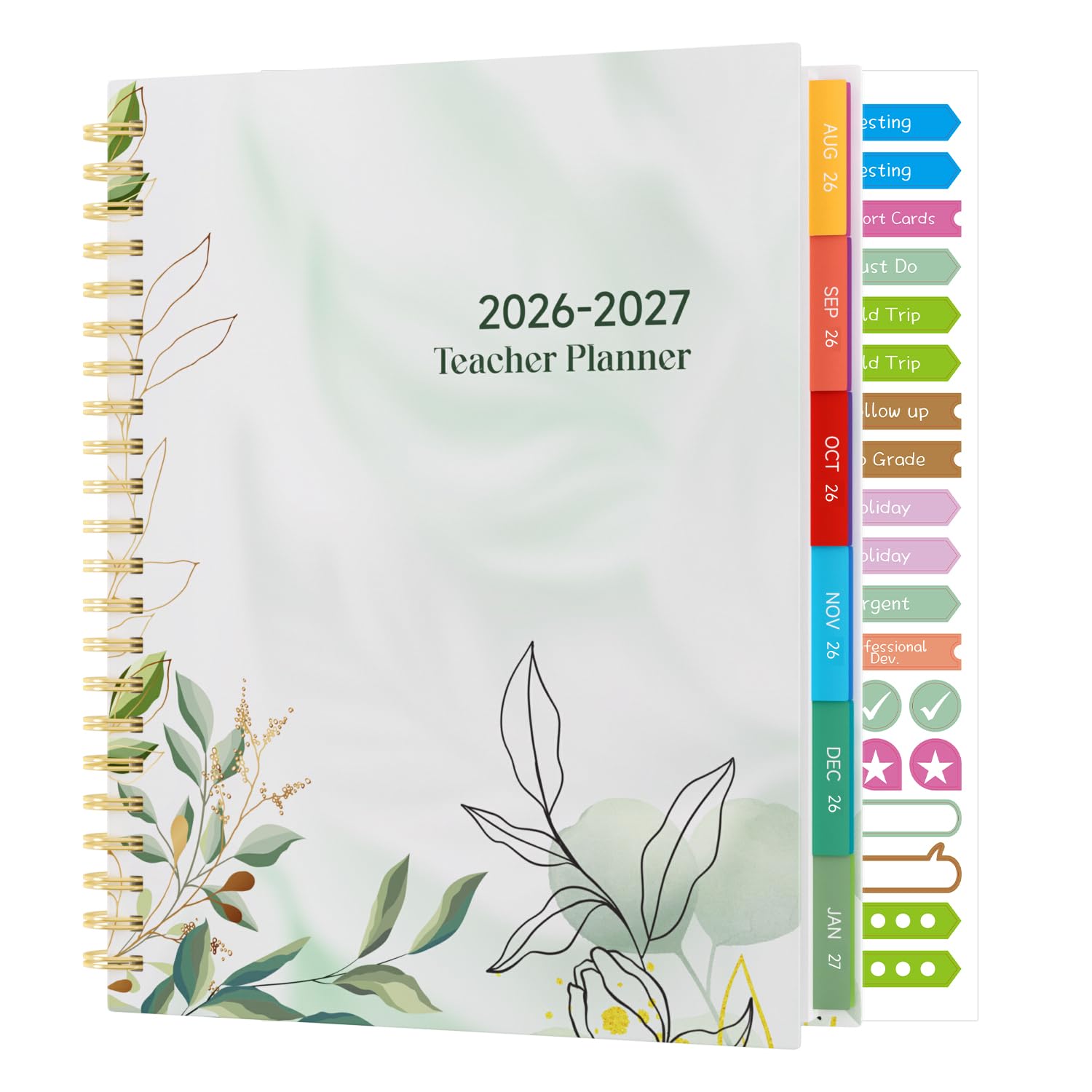 Sailingvan Teacher Planner 2026-2027, August 2026 - July 2027, 7 Periods Academic Diary Teachers Lesson Planner Book with Stickers, 8.5" x 11", Wirebound, Laminated Tabs, Pocket - Leaf