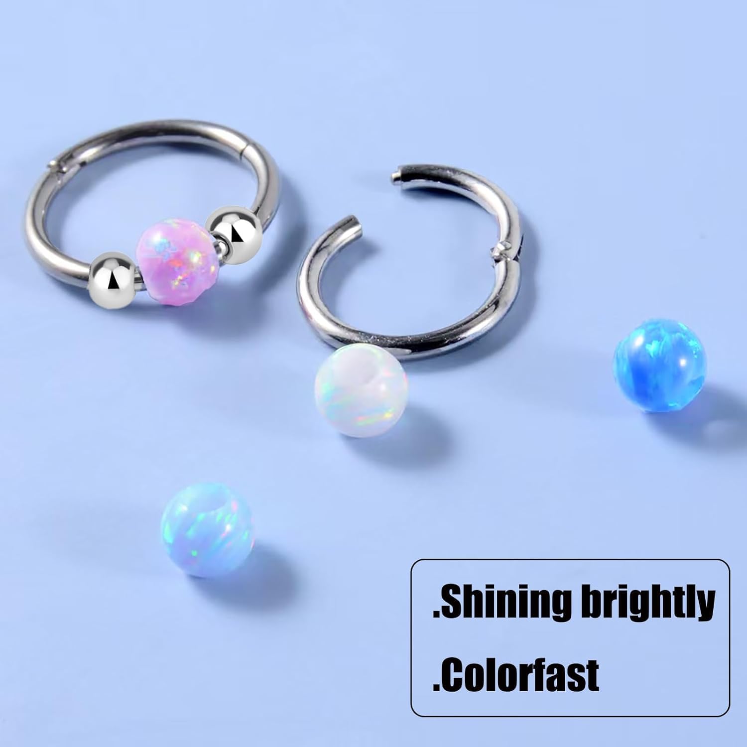 2 Pcs Small Cartilage Hoop Earrings for Women Men, 18G Opal Silver Earrings Hypoallergenic 316L Surgical Steel Hinge Huggie Hoop Earrings for Helix,Tragus,Conch,Rook,Earlobe Piercing Jewelry Nose Ring - Image 6
