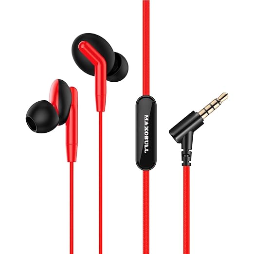 MAXOBULL Storm-X in-Ear Wired Earphones with Mic in line Remote Control, Tangle Free, Extra Bass & Powerful HD Sound with Passive Noise Cancellation 3.5MM Jack (Red) at Rs. 159