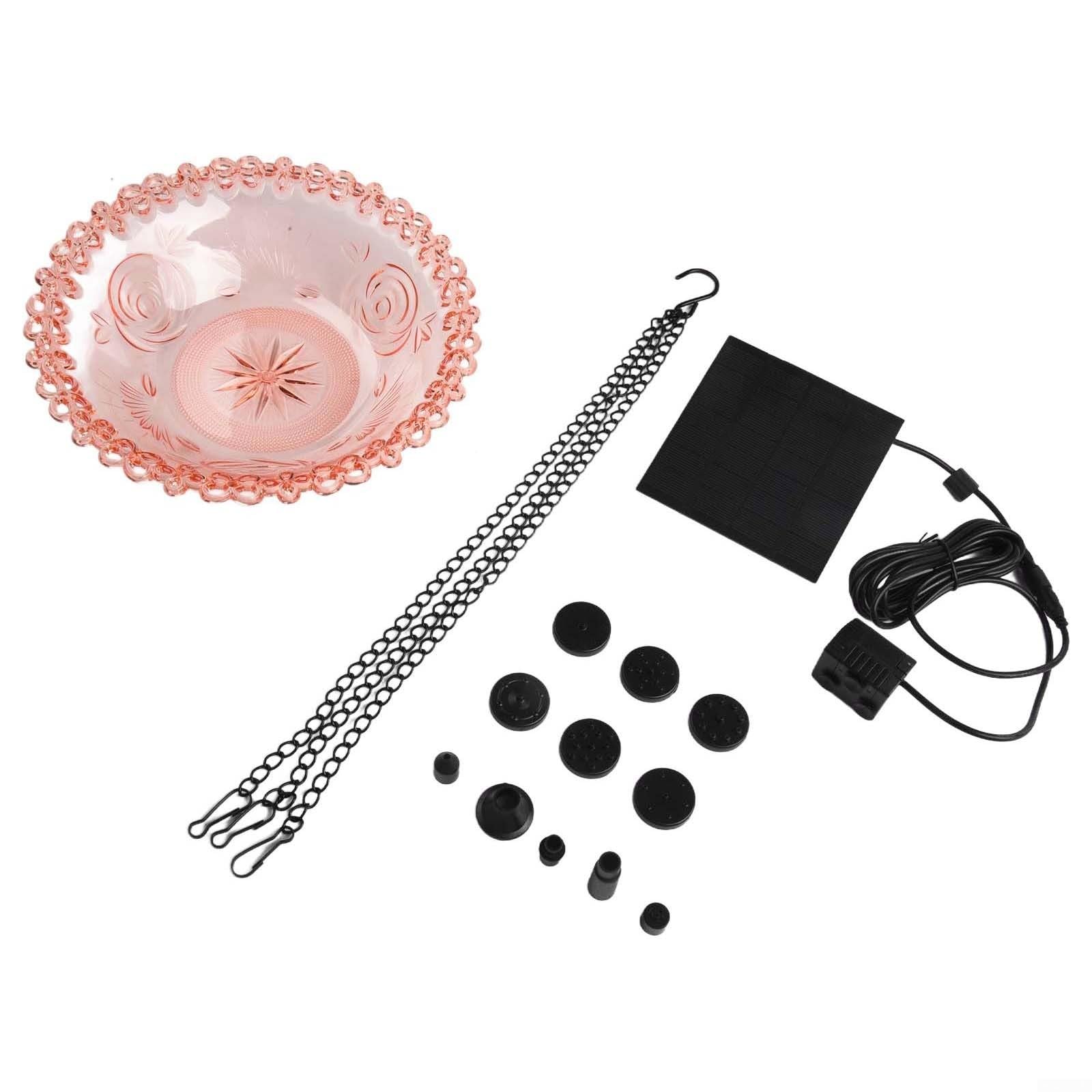 Baño solar para pájaros con fuente automática rosa y decorativa
