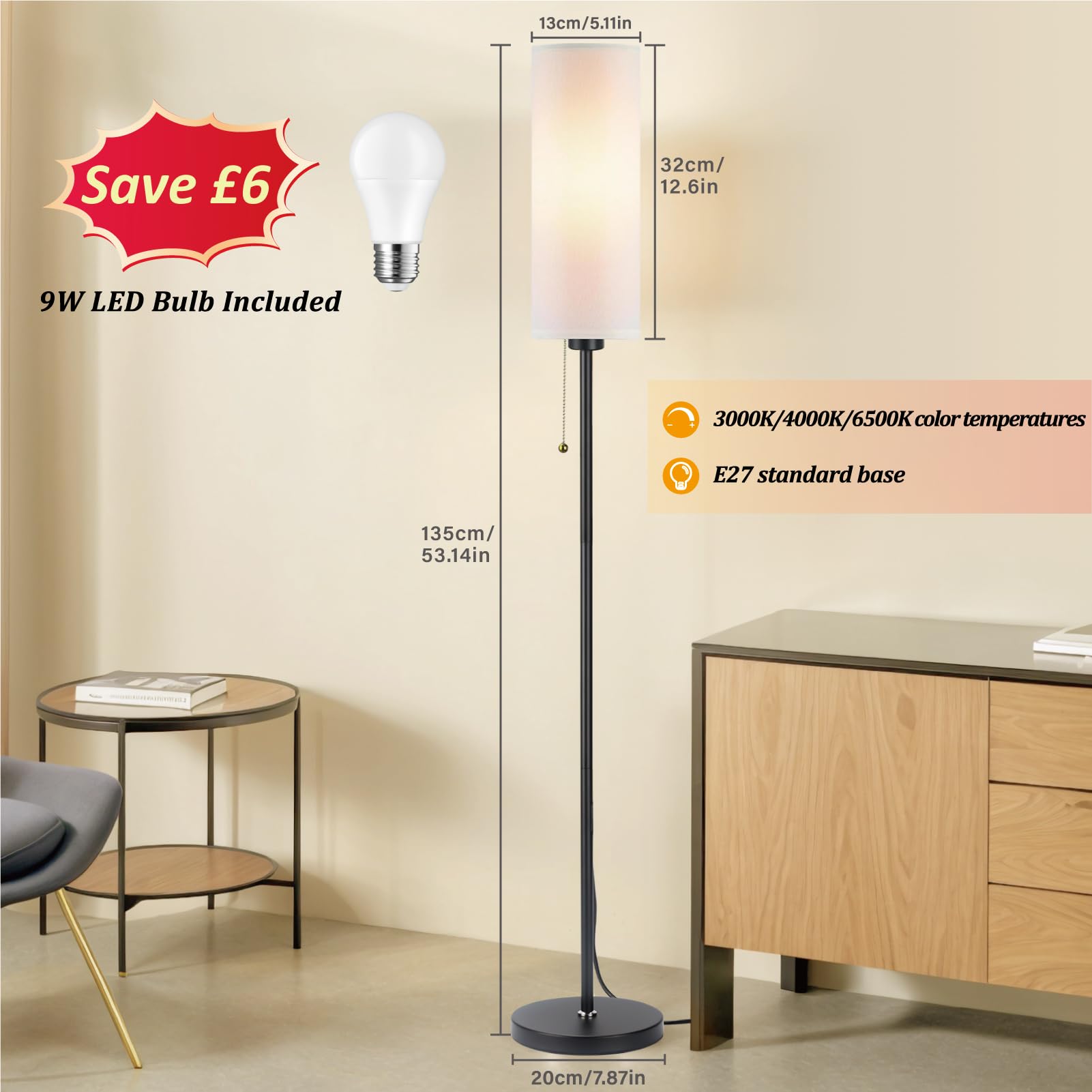 Seruno X Floor Lamp White Standing Lamp with Pull Chain Switch 3 Color Temperatures, 9W Led Bulb Included - Image 3