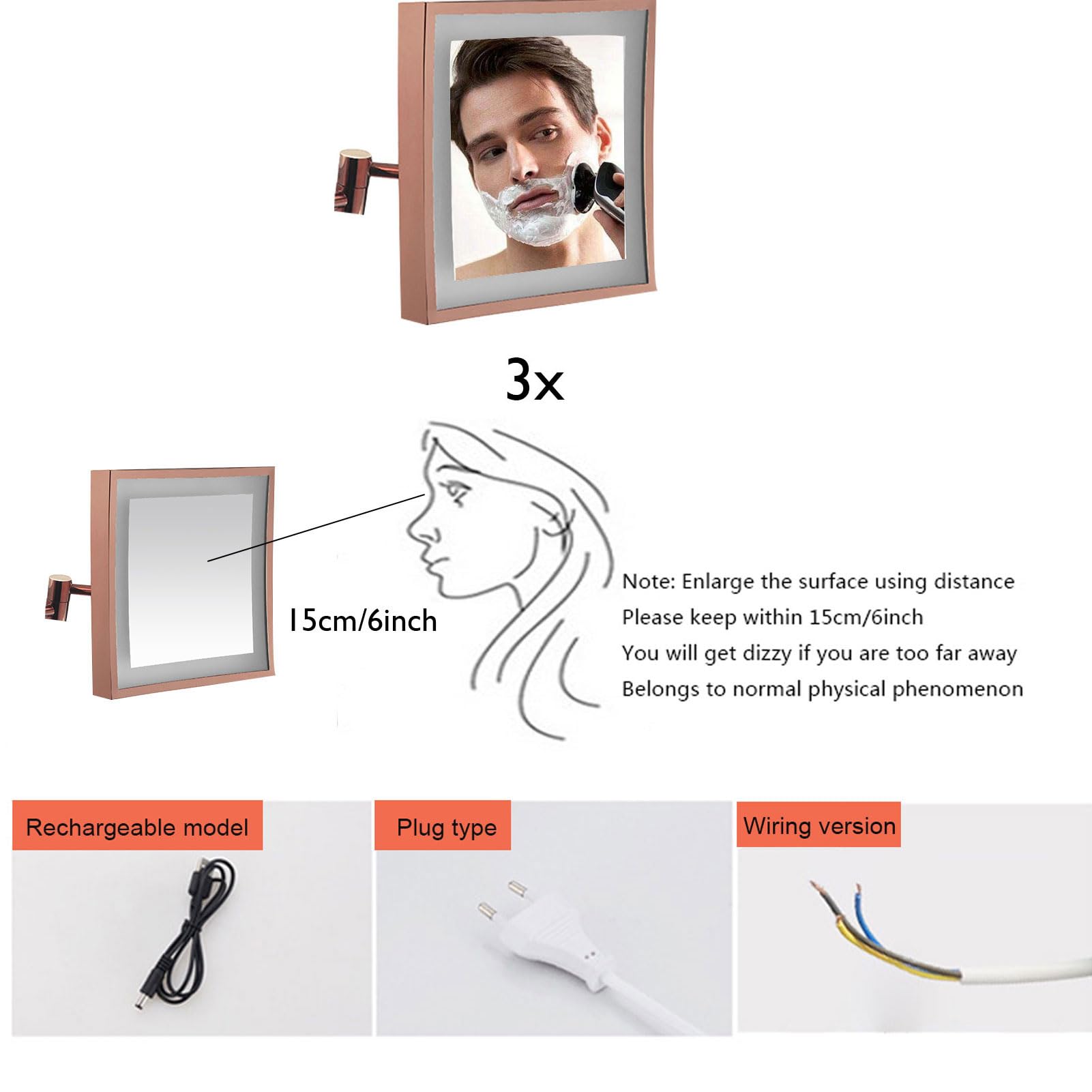 Specchio Ingranditore a Parete 3X, Specchio Cosmetico Quadrato su Un Lato, Specchio da Barba Ruotabile, Specchio Telescopico Retrattile, Specchio Trucco Touch Screen