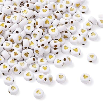 Cheriswelry 50g/360pcs Flat Round Acrylic Heart Beads Disc Coin Golden Letter Alphabet Pony Bead Spacers for Handmade Bracelet Kandi Necklace Keychain Jewelry Making 7mm