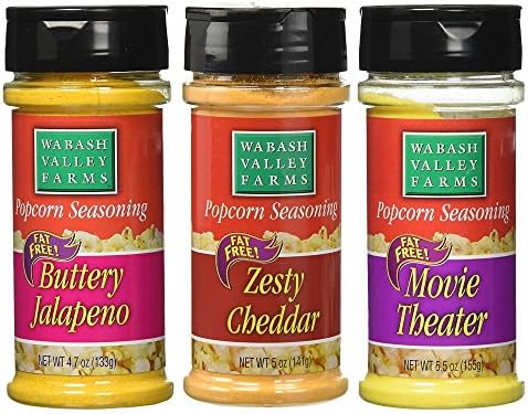 Wabash Valley Farms Popcorn Seasoning Variety Pack- Buttery Jalapeno, Zesty Cheddar and Movie Theater - Great for Meat and Vegetables - Fat-Free, 0 Calories Per Serving - Gourmet Quality