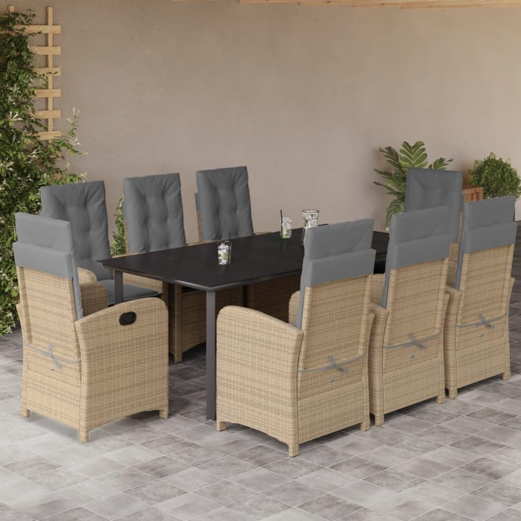 Juego de muebles de jardín de 9 piezas con cojines mezclados de polirratán, mesa con 8 sillas, muebles de balcón, muebles para terraza, jardín, balcón, M