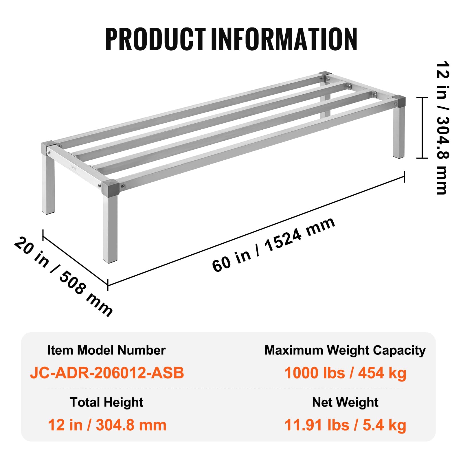 VEVOR Rack de Calage en Aluminium, 152,4x50,8x30,5 cm, Support de Stockage Commercial, Capacité de Charge 454 kg, Assemblage Facile, pour Rangement Aliments au Sol, dans Restaurants, Cuisines, Garages