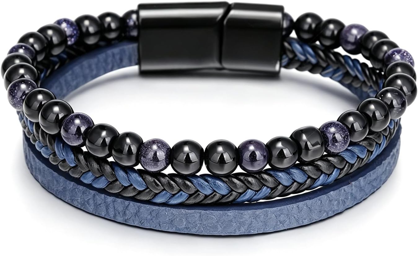 Long tiantian Leather Cuff Bracelet for Men Layered Leather Wrap Bracelet Boho Beaded Cuff Bracelets Birthday Gifts for Husband
