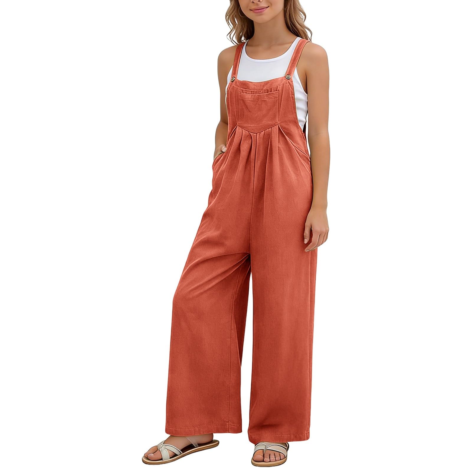 Latzhose Kinder Mädchen Ärmellos Baggy Leinen Jumpsuit Bequeme Casual Playsuit mit Träger Atmungsaktive Wide Leg Overall Einfarbig Mode Weich Sommerhose
