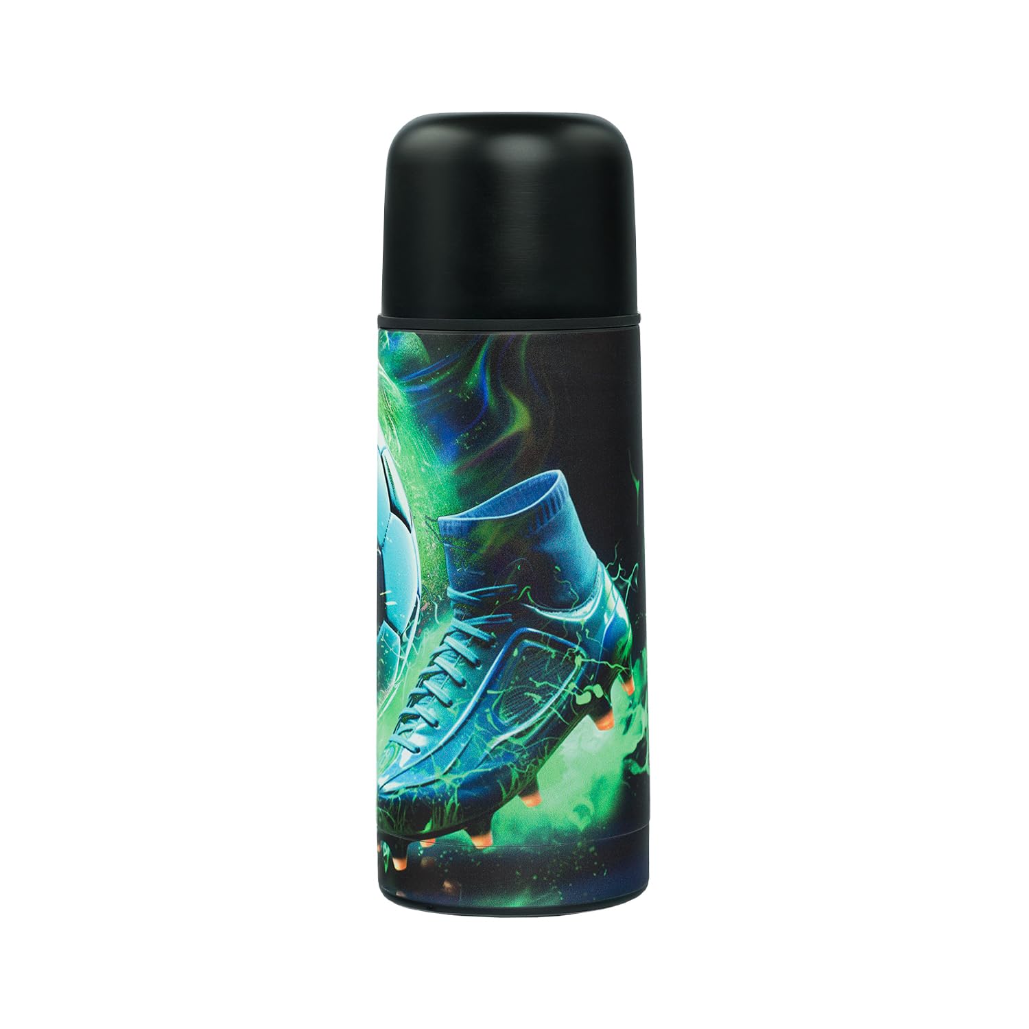 Baagl Gourde isotherme en acier inoxydable avec bouchon à vis et couvercle de gobelet, bouteille d'eau anti-fuite, pour l'école et les excursions, 550 ml, motif de football
