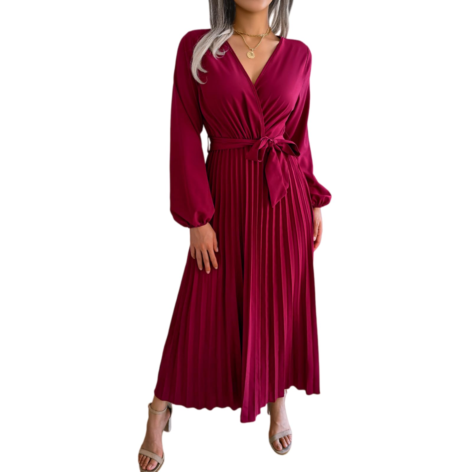 Vestito Donna Elegante Maxi Abito, V Collo Maniche Lunghe Abito Piegato per Ospite di Nozze, Festa Casual E Abiti Giornalieri-Black-m