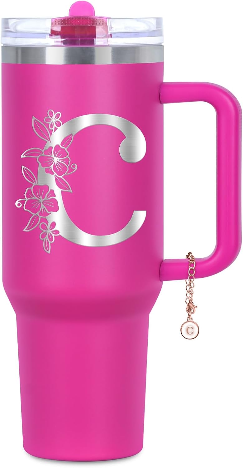 Personalized 40 oz Monogrammed Tumbler with Handle & Flip Straw, 100% Leak Proof stainless steel Insulated Tumbler, Customized Initial Funny Gifts for Women Mom Sisters Coworker, C