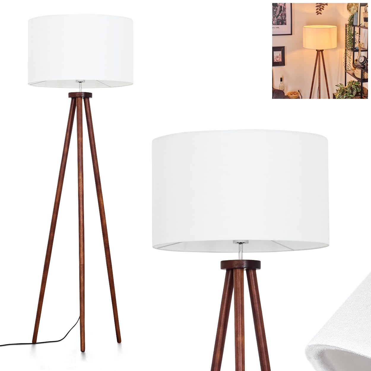 Stehleuchte Flemming, Stehlampe aus Holz/Stoff in Dunkelbraun/Weiß, Leuchte im skandinavischen Design mit rundem Schirm (Ø 50 cm) u. Fußschalter, Höhe 155 cm, 1 x E27, ohne Leuchtmittel