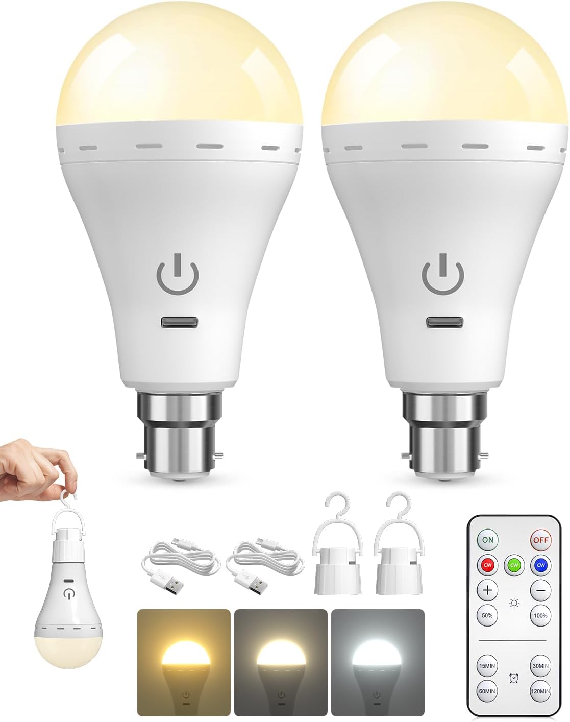 Rechargeable Light Bulbs with Remote Control, 3 Color Dimmable, B22, 2 ...