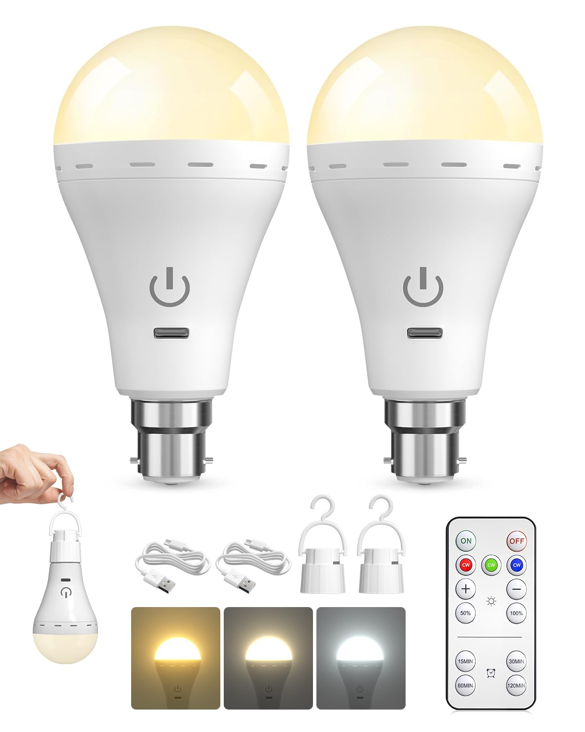 BrightArk Rechargeable Light Bulbs with Remote Control, 3 Color + 10%-100% Dimmable Battery Light Bulb, USB Rechargeable Light Bulb with Touch Control B22 A70 LED for Indoor/Outdoor/Camping(2 Pack)