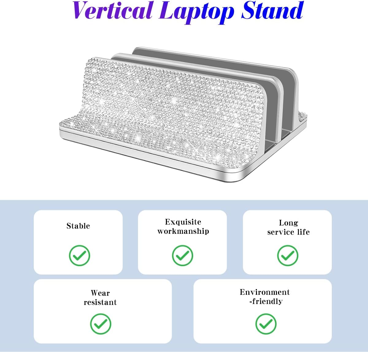 Bling Vertical Laptop Stand, Double Desktop Stand Holder with Adjustable Dock (Up to 17.3 inch),Compatible with All MacBook/Surface/Samsung/HP/Dell/Chrome Book (Silver Glitter Rhinestones)