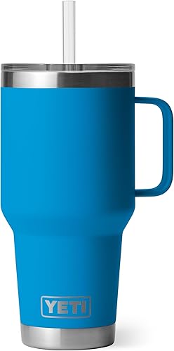 Miniatura 22 de YETI Rambler - Vaso de viaje con asa y tapa con pajilla, de 42 onzas, con aislamiento al vacío con asa, acero inoxidable, color azul ola grande Azul