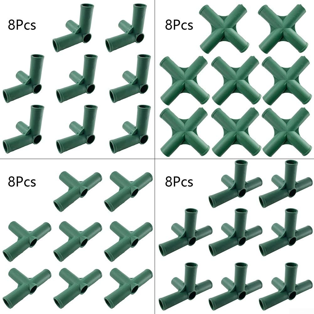 Lot De 8 Raccords Pour Serre 19mm - Connecteurs Plastique Verts, 4 Types, Pour Structure De Jardin Ou Support De Plantes