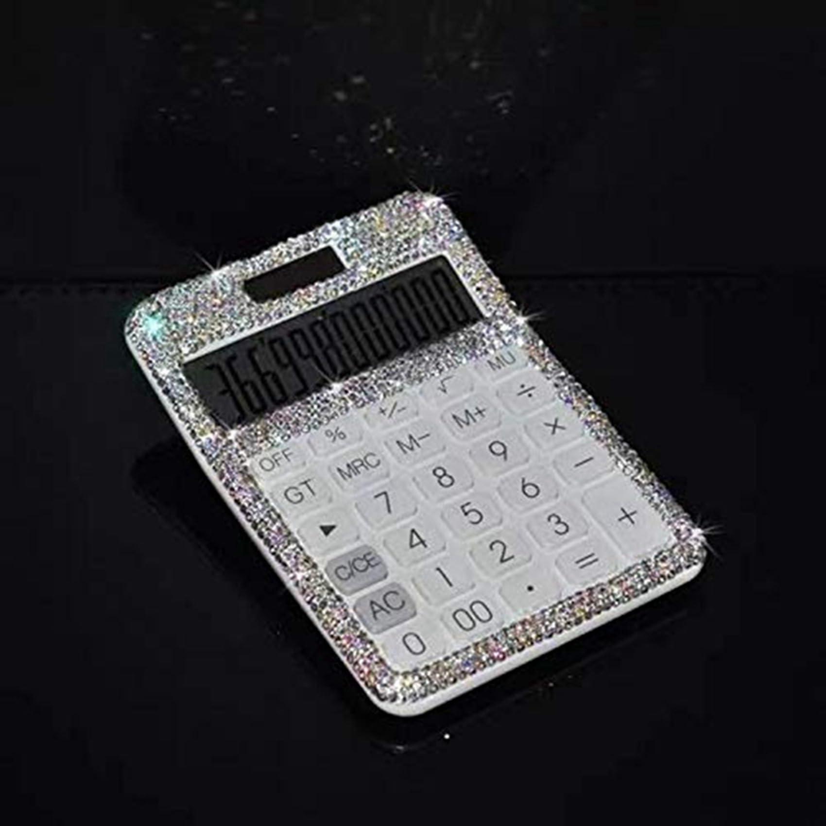 3X di Strass Abbagliante 12 Cifre Solare e Doppia Alimentazione A Batteria, Calcolatrice Display LCD per Ufficio, Bianca Scuola