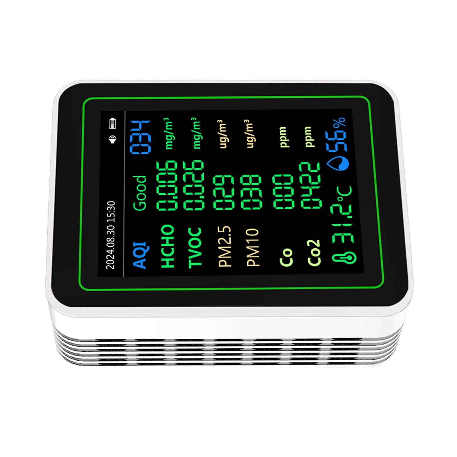 Ejoyous Tester della qualità dell'aria ABS Monitor della qualità dell'aria Interna con Schermo TFT, Rilevamento CO2 HCHO TVOC PM2.5 PM10, Batteria da 2000 MAh, umidità della Temperatura per