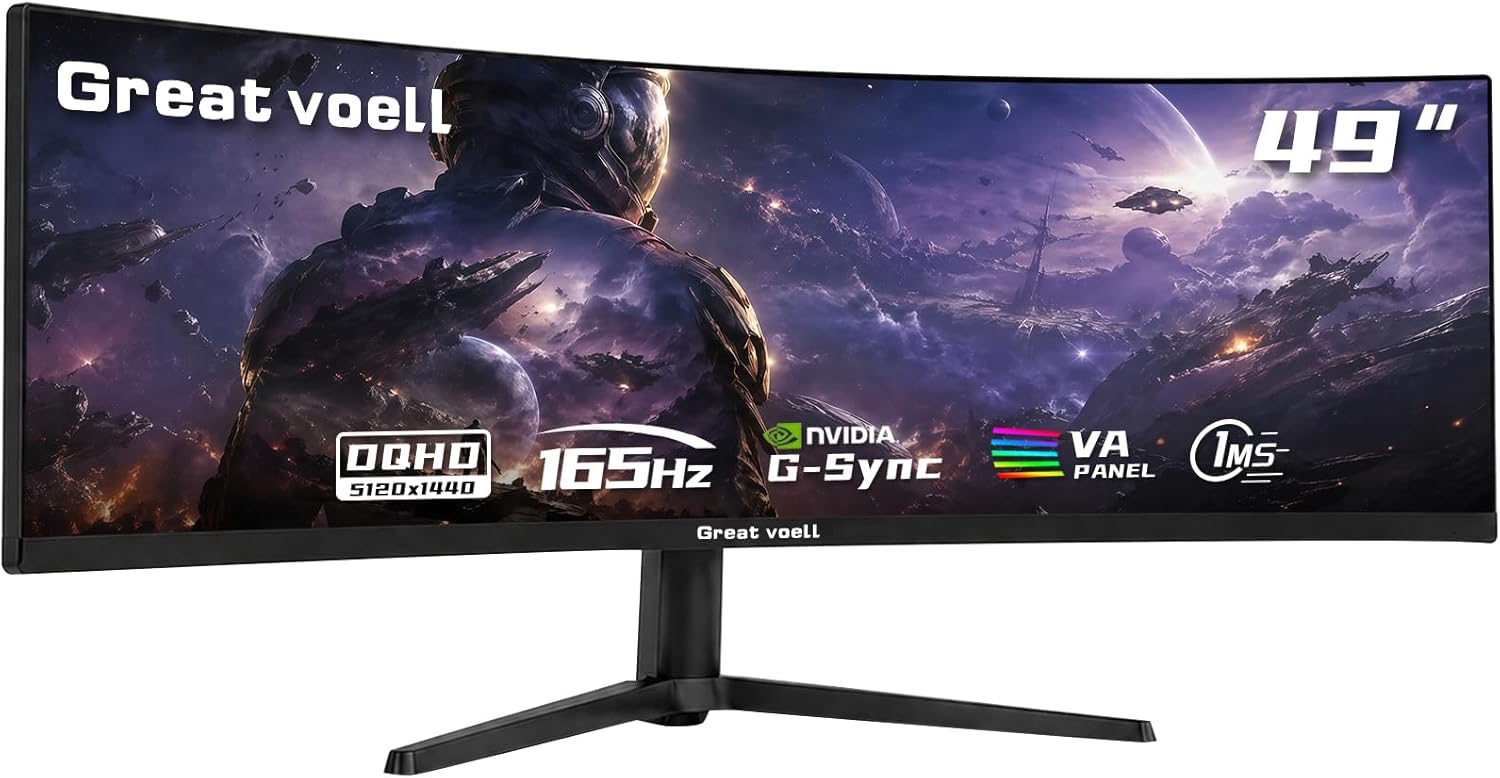 Great voell 49 Inch 165Hz Curved Gaming Monitor, DQHD 5K 32:9 Display, 1ms Response Time, 1500R Immersive Curvature, G-Sync& FreeSync, 127% sRGB, Adjustable Stand, VESA, Pro Gaming & Multitasking