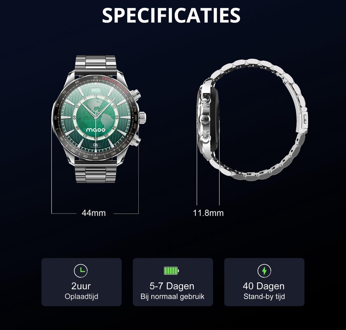 Diagram showing the dimensions of the Maoo Titan smartwatch (44mm case, 11.8mm thickness) and battery life indicators.