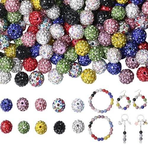 QINJIEJIE 100 cuentas de diamantes de imitación de 10 mm para manualidades, 10 colores mezclados, cuentas redondas de discoteca Shamballa a granel, cuentas de cristal para verano, pulseras, collares,
